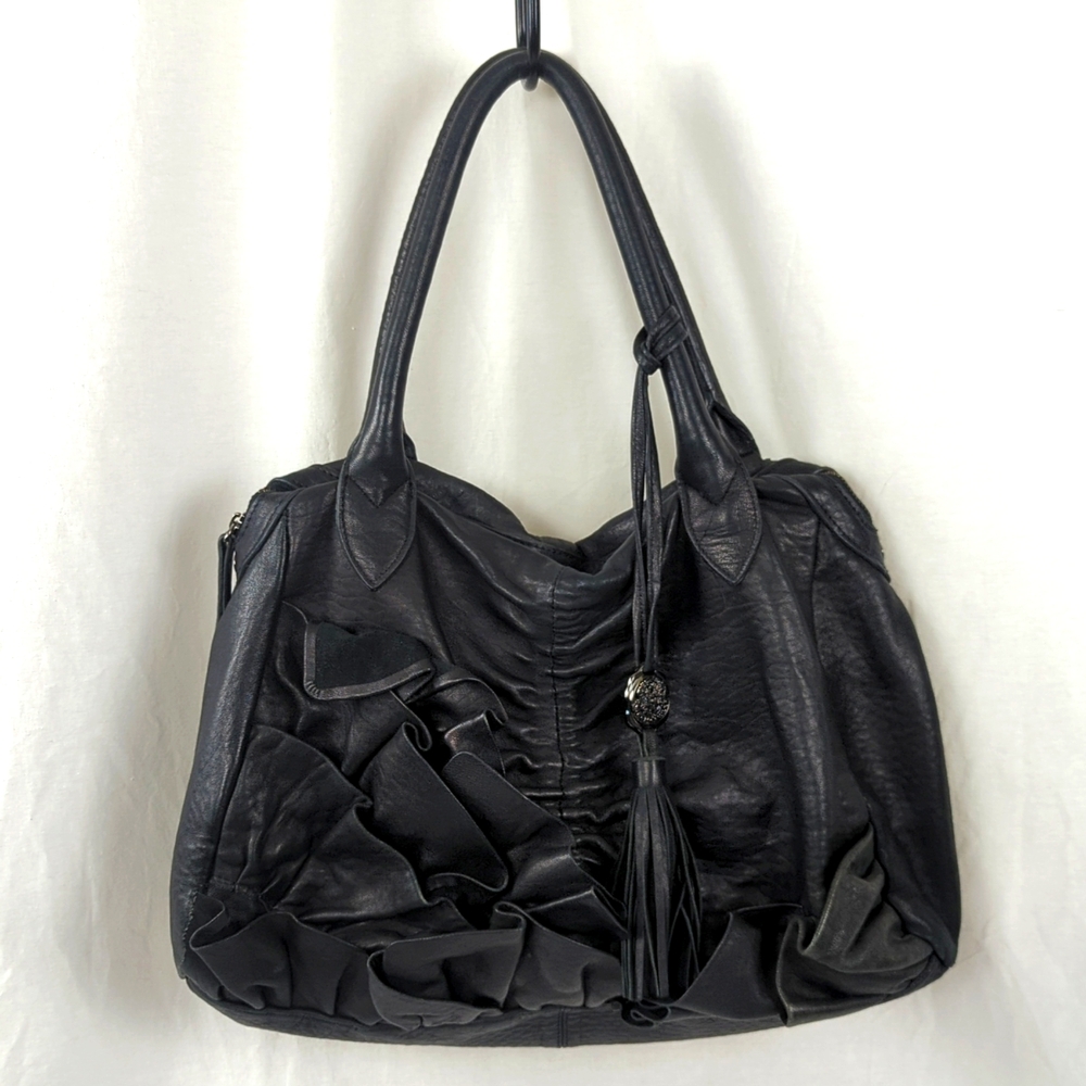 VINCE CAMUTO RUFFLED & RUCHED BLACK LEATHER HANDBAG